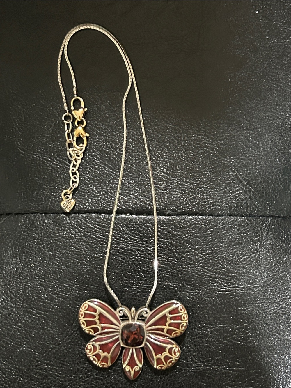 Brighton Silver Butterfly Necklace with Deep Red Enamel and Garnet-Like Stone - Picture 3 of 7